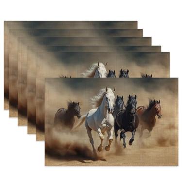 Imagem de Jogo americano de tecido de cavalo galopante, jogo americano de mesa moderno, conjunto de 6 tapetes de pano, tapetes de mesa laváveis resistentes ao calor para decoração de casa, cozinha, sala de