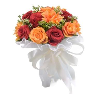 Imagem de Buquê de flores de seda artificial para casamentos – Arranjo floral de orquídea com peônia e rosa (laranja vermelho)