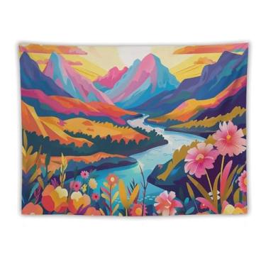 Imagem de Cacto turquesa em paisagem de deserto laranja tapeçaria de parede decoração rústica ocidental arte do deserto para sala de estar quarto dormitório estilo country pendurado acento quente cena ao ar