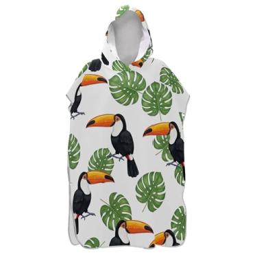Imagem de TSENQUE Toucans Green Tropical Leaves White Surf Poncho Trocador Roupão para Adultos Leve Homens Mulheres Poncho com Capuz Toalha de Banho com Capuz Praia