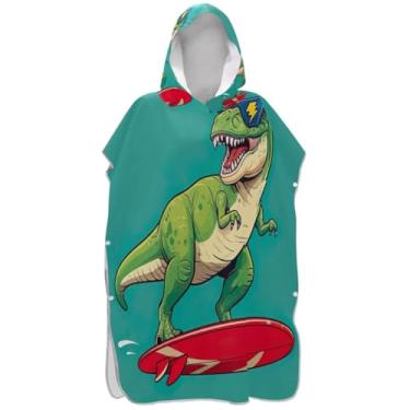 Imagem de Joisal Cool Green Rex Dinosaur Teal Surf Poncho para adulto trocador de roupa de praia moletom toalha natação secagem rápida masculino poncho com capuz