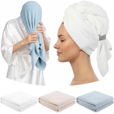 Imagem de Breling Pacote com 3 toalhas de cabelo de microfibra grandes 61 x 96 cm turbante absorvente de secagem rápida para mulheres e homens, chuveiro de cabelo cacheado (marrom marfim, azul neblina, branco
