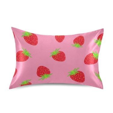 Imagem de Fronhas refrescantes impressão arte fofa padrão king queen travesseiros chinelos cetim extra macio cama queen tamanho 76.2 cm x 50.8 cm vermelho morangos impressão rosa