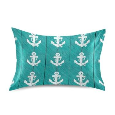 Imagem de Fronha King Queen Padrão Âncoras Brancas Turquesa Madeira Cetim Fronhas Impressão Personalizada Decoração de Quarto Estética King Size 101,6 cm x 50,8 cm