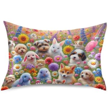 Imagem de Animals Spring Garden Capas de almofada de cetim com estampa de cachorro para resfriamento de cabelo, capa de travesseiro padrão de animais King Queen, capa de almofada macia para cama, tamanho king
