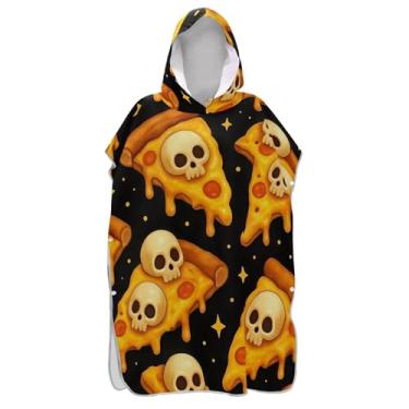 Imagem de TSENQUE Poncho de surfe para adultos trocador de roupa de praia com capuz toalha absorvente de natação masculino feminino poncho com capuz desenho animado pizza fatias caveiras preto