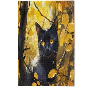 Imagem de 500 Pieces Jigsaw Puzzles for Adults Aesthetic Home Decor Art Black Cute Cat Yellow Leaves Fun Art Puzzles Adults Fun Silly, 500 Pieces, 20.5" x 14.9"