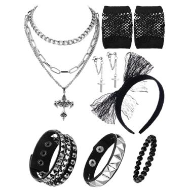 Imagem de Ecation 7 peças 80 acessórios de fantasia feminina Halloween couro punk pulseira preta cruz colar renda bandana luva arrastão, different accessories are in one set, one size fit, nylon, couro PU