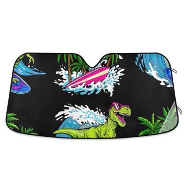 Imagem de Personalizado Cool Tyrannosaurus Rex Surfing Black Car Sun Shade Para-brisa Engraçado Retrátil Dobrável Para-brisas Automotivo Guarda-sol Animal Floral M, 139.7 cm x 70.1 cm