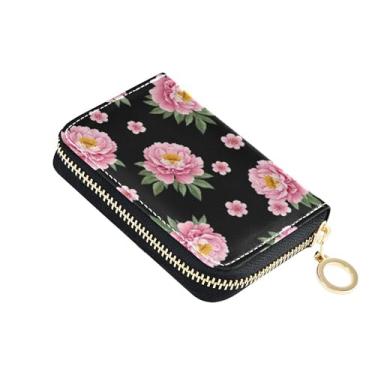Imagem de Carteira feminina preta com flores de peônia floral rosa pequena com bloqueio de RFID, carteira de cartão de crédito, linda carteira de couro com zíper