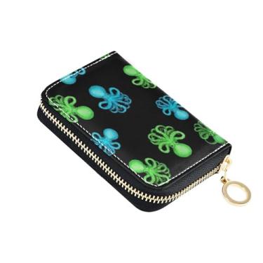 Imagem de Carteiras de cartão de crédito com bloqueio de RFID, carteira feminina de couro com zíper, porta-moedas com chaveiro, verde vibrante, azul, polvos, preto