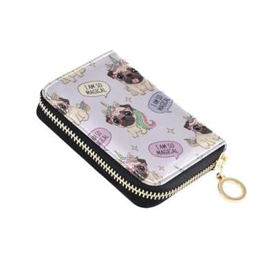 Imagem de Carteiras femininas com zíper fofas com porta-cartões com bloqueio de RFID, carteira pequena com zíper com bolso para moedas, cachorros pug fofos, arco-íris, unicórnio