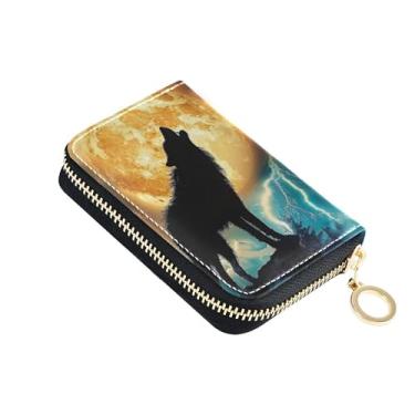 Imagem de Carteira feminina com suporte de cartão de crédito com bloqueio de RFID, bolsa de troca de moedas de couro com zíper, silhueta de lobo e lua uivante