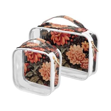 Imagem de GAIGEO Conjunto de bolsa de maquiagem transparente para neve azul com árvore de Natal e flocos de neve, bolsa transparente para viagem, aprovada pela Tsa, pacote com 2, Pintura de flores vermelhas e