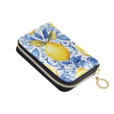 Imagem de GAIGEO Carteiras femininas com zíper e porta-cartões com bloqueio de RFID, pequena bolsa de moedas com zíper desenho animado limão floral azul