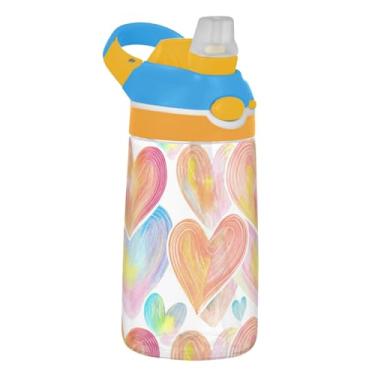 Imagem de Garrafa de água infantil com desenho animado de cores pastel, 473 ml, garrafa de água esportiva portátil Tritan com tampa de canudo 473 ml, copo infantil à prova de vazamento, reutilizável, alça de