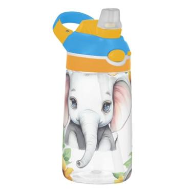 Imagem de Linda garrafa de água esportiva infantil branca com flores de elefante para escola, garrafa de água Tritan de 473 ml com canudo, copo infantil portátil à prova de vazamento, alça de transporte