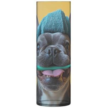Imagem de Lindo vaso cilíndrico com estampa de cachorro pug buldogue para flores, vaso redondo de plástico decorativo, bonito e personalizado, decoração moderna para quarto, 30 cm x 9,9 cm