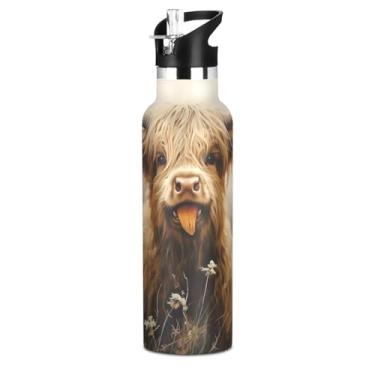 Imagem de Joisal Garrafas de água isoladas para meninos de 590 ml com tampa de palha, garrafa de água escolar de aço inoxidável bege Highland Cow com alça, copos de viagem infantis sem BPA