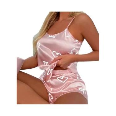 Imagem de Conjunto De Pijama Feminino Em Seda Gelada Com Camisola E Shorts L XL 