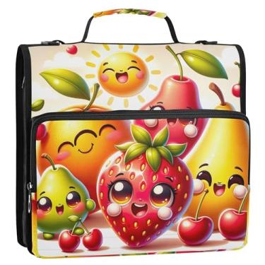 Imagem de Fichário de 3 anéis de frutas com desenho fofo de 3 cm D para fichário organizador com zíper com alça para tecido escolar, vários bolsos, pasta grande para portfólio