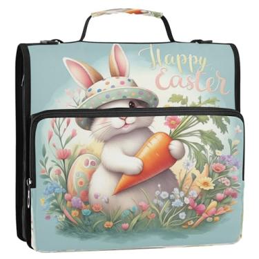 Imagem de Fichário de Páscoa fofo de coelho colorido de 3,8 cm, fichário organizador com zíper com alça de ombro para portfólio de documentos escolares, suporte de 500 folhas
