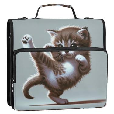 Imagem de Fichários de 3 anéis, 3 anéis, anel D, engraçado, gatinho, kung fu, com zíper, fichário, com alça, bolsa escolar colorida, pasta de portfólio com alça