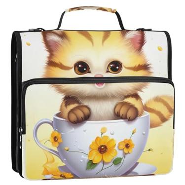 Imagem de Cute Kitten Cup Cat 1 1/2 polegada 3 fichários anel D fichário organizador com zíper bolsa de fichário com alça para carteira escolar e estojo suporte de pasta de anel