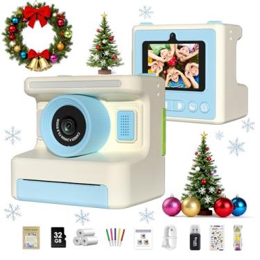 Imagem de Câmera infantil com impressão instantânea, câmera de impressão instantânea para crianças com cartão SD de 32 GB, presente infantil para crianças de 6 a 12 anos, impressão em escala de cinza, sem