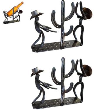 Imagem de DMXGJD Suporte para garrafa de vinho Western Cowboy & Cactus, escultura de metal 2 em 1 com figuras de chapéu de caubói, suporte rústico de mesa única para bar de casa, mesa de jantar, decoração de
