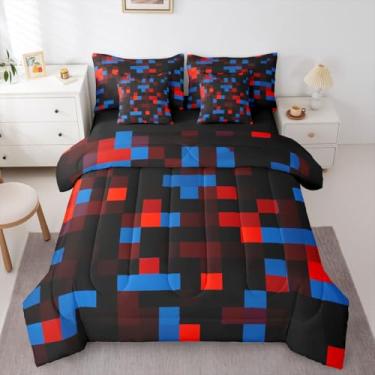 Imagem de jejeloiu Conjunto de edredom casal Pixelated, vermelho, azul, preto, com lençóis, fronhas e capa de almofada, 7 peças, supermacio, para decoração de quarto de crianças, meninas, meninos, gamepad, cama