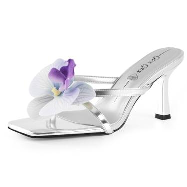 Imagem de GPXGPX Sandálias femininas de salto de gatinho com flores confortáveis, sem cadarço, bico aberto, verão, casamentos, festas, praia, salto floral, Prata, 38