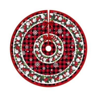 Imagem de Saia De Árvore De Natal Xadrez Vermelha E Preta Com Estampa De Floco D