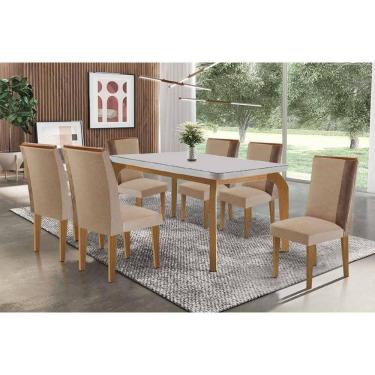 Imagem de Sala Jantar Mesa Londrina Tampo c/ Vidro Curvo 180cm+6 Cadeiras Tilia Madeira Naturale/Off White - Capuccino/Linho Capuccino - Rufato