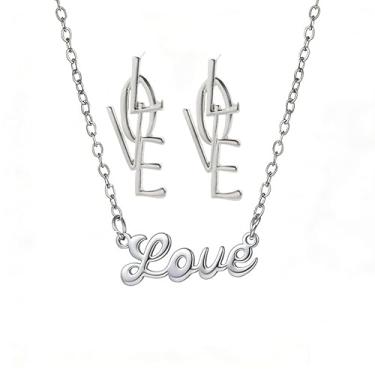 Imagem de ONLYJUMP Conjunto de joias do alfabeto do amor para mulheres, colar com pingente de liga de prata e ouro e brincos vintage, acessório de moda vintage para presentes de casamento e aniversário dos