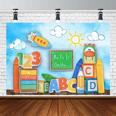 Imagem de Volta às aulas ABC fotografia fundo globo lápis livro crianças aniversário retrato decoração pano de fundo giz de cera sol nuvens fundo azul jardim de infância atividade quarto infantil decoração