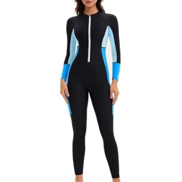 Imagem de Maiô feminino Rash Guard de manga comprida com proteção solar com estampa esportiva, maiô inteiro FPS 50+, azul escuro