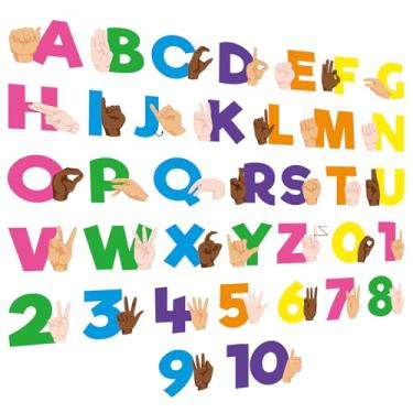 Imagem de Resurhang Conjunto de 37 peças de letras de quadro de avisos em linguagem de sinais colorido ASL alfabeto números cartões de aprendizagem ABC cartazes flash cards decoração de parede para jardim de