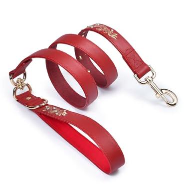 Imagem de Blueberry Pet Coleira de couro vermelho premium para cães com bordado barroco dourado