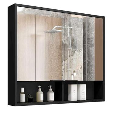 Imagem de Armário de Banheiro Aéreo 2 Portas Espelho Com Nicho, Ideal para Banheiro e Lavabo, Perfeito para Famílias e Solitários(PRETO/PRETO)