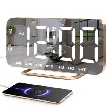 Imagem de Reloj Despertador JALL Delgado LED con Superficie Espejo Dorada