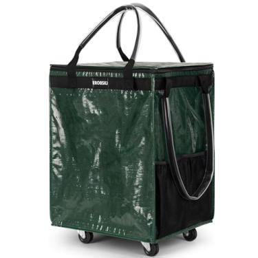 Imagem de (Médio, verde) Bolsa de compras reutilizável com rodas, sacola dobrável, carrega até 30 kg, carrinhos de compras com zíper para viagens, lavanderia, 4 rodas resistentes e 3 alças