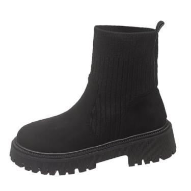 Imagem de Botas femininas modernas, casuais, finas, cor sólida, salto grosso, salto alto, cano curto, Preto, 36