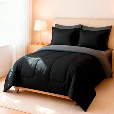 Imagem de Jogo de Cama Edredom Casal Queen 6 Peças Dupla Face Super Macio Premium para Casa(Preto e Cinza)