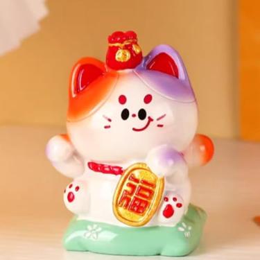 Imagem de FENNYYAR Lindo gato da sorte vermelho e roxo de cerâmica, 6 cm, 6 cm, enfeite de estátua de gato para mesa doméstica