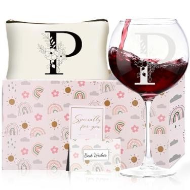 Imagem de Presentes de Natal para mulheres, taças de vinho com monograma com bolsa de maquiagem, presentes exclusivos de elefante branco de casamento para mãe, pai, irmã, professora, esposa, marido (P)