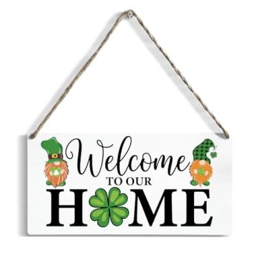 Imagem de Bem-vindo à nossa casa placas de pendurar arte do dia de São Patrício, trevo embutido com a letra o Decoração de entrada da varanda 30 x 15 cm Decoração de parede temática de trevo de quatro folhas