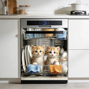 Imagem de Leniutor 1 peça de adesivo de painel de capa de adesivo de máquina de lavar louça de gato decorativo, adesivo de geladeira de animal de desenho animado decorativo, adesivos de máquina de lavar de