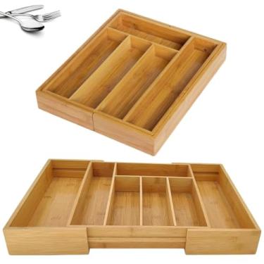 Imagem de Porta Talheres Gaveta de Bambu Extensível Organizador De Talheres para Gavetas com 5 a 7 Divisórias Ajustáveis e Design Sustentável