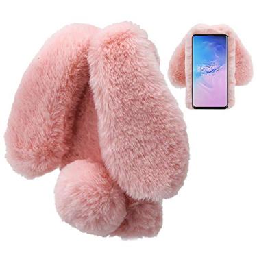 Imagem de Capa de coelho para Samsung Galaxy S24 FE 5G, LCHDA Lindas orelhas de coelho 3D Bola de pelo Peludo Peludo Macio Inverno Quente Pele Sintética Pelúcia Fofo TPU Amortecedor Mulheres Meninas Capa